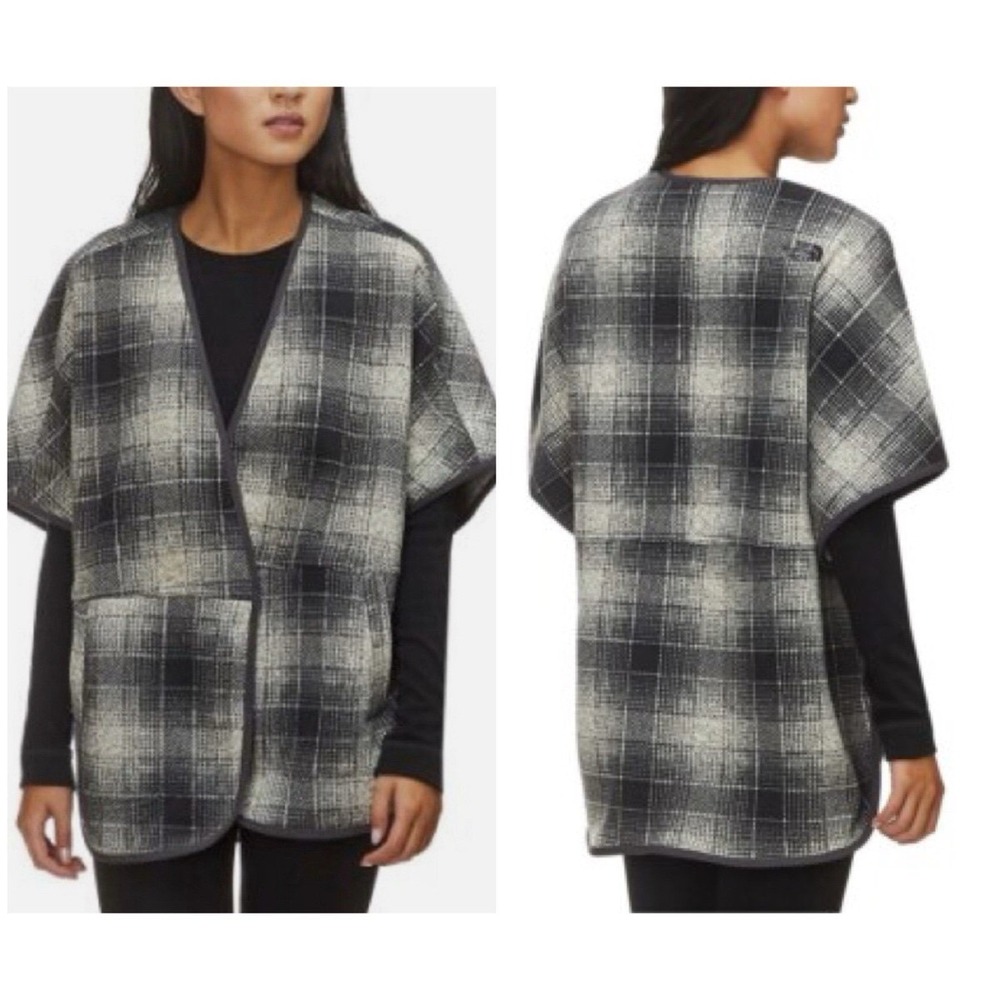 The North Face Womens Grey Plaid Fleece Poncho Wrap Open Front Pocket XS
